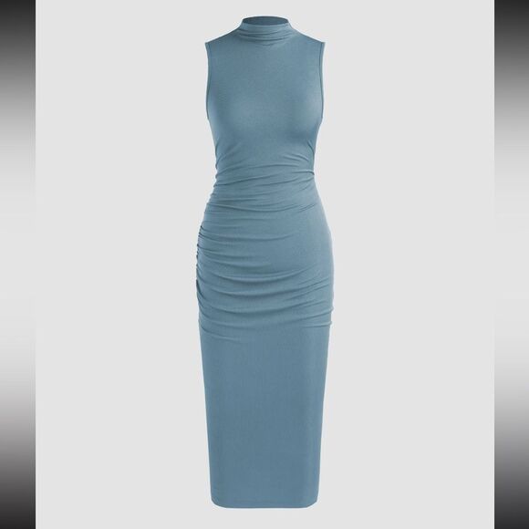 NWT Cider Blue Bodycon High Neck ruched Midi Dress Size Small - Picture 1 of 8